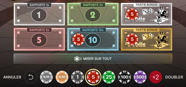 Monopoly Live Betting Interface om inzetten te plaatsen